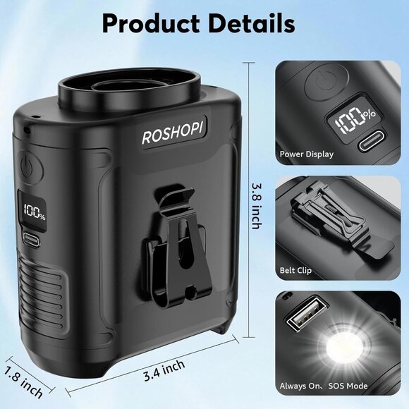 NEW! Roshopi Portable Waist Fan - K50 - 10000mAh. Flashlight, Charger!! 5 Speed. - Picture 8 of 12